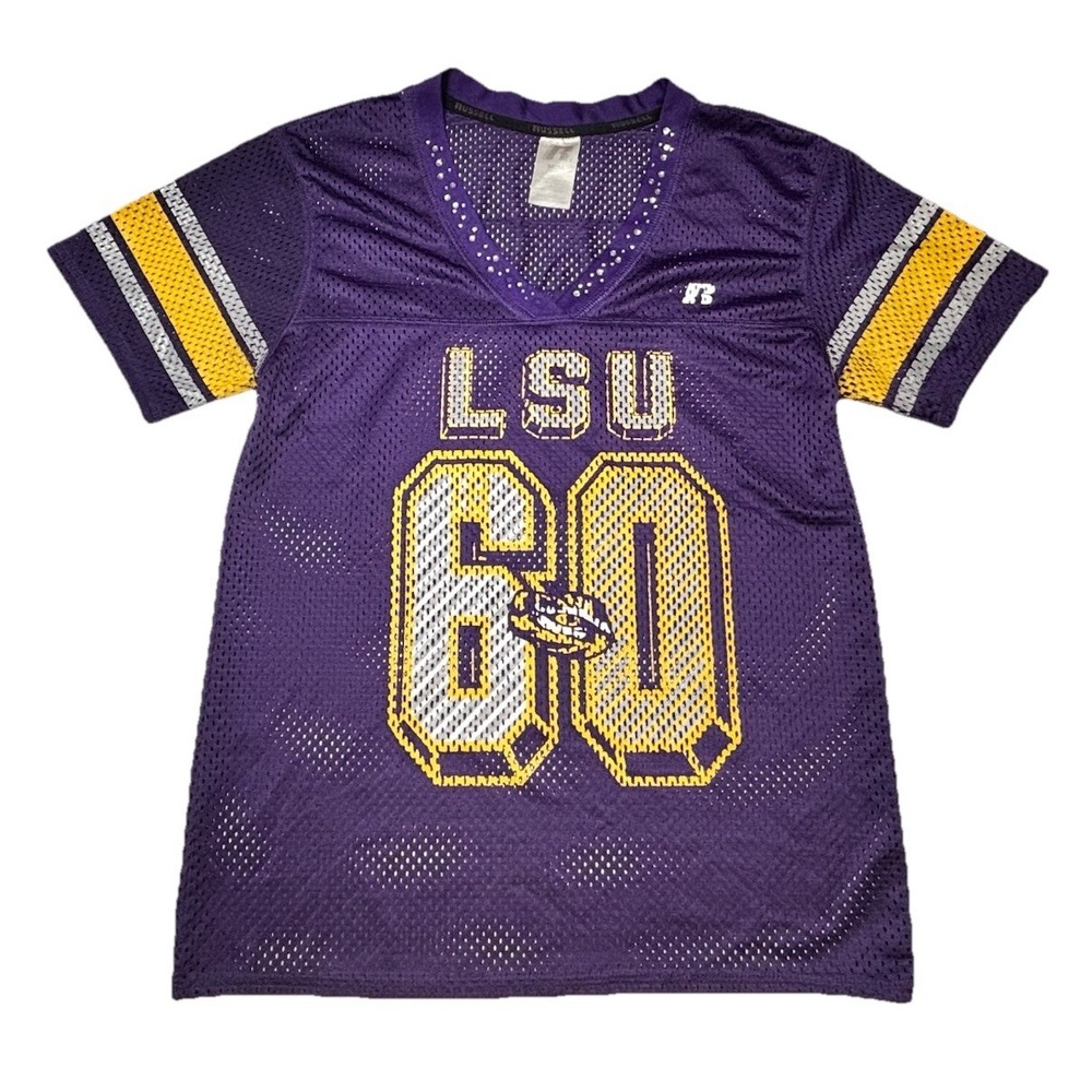 Vintage LSU Tigers Jersey Girls Medium 8/10 Purple #60 Mesh Russell Athletic